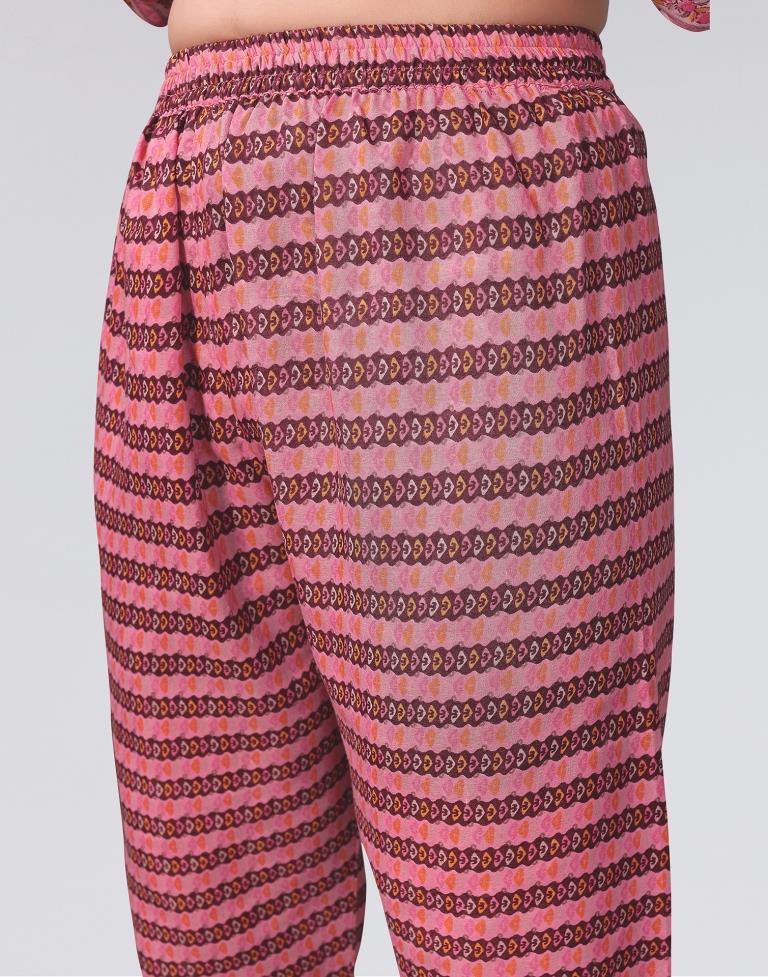 Pink Printed Cotton Straight Kurta With Pant