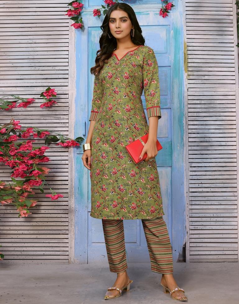 Mehndi Green Printed Kurta With Pant