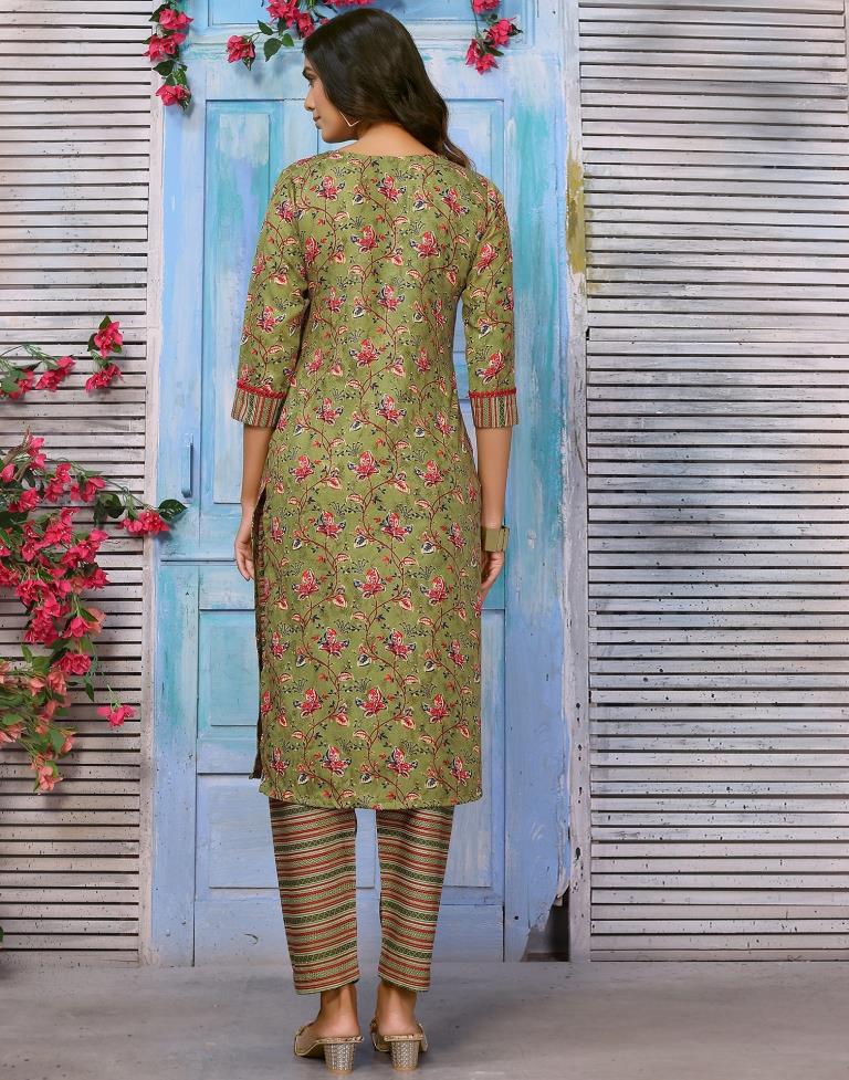 Mehndi Green Printed Kurta With Pant