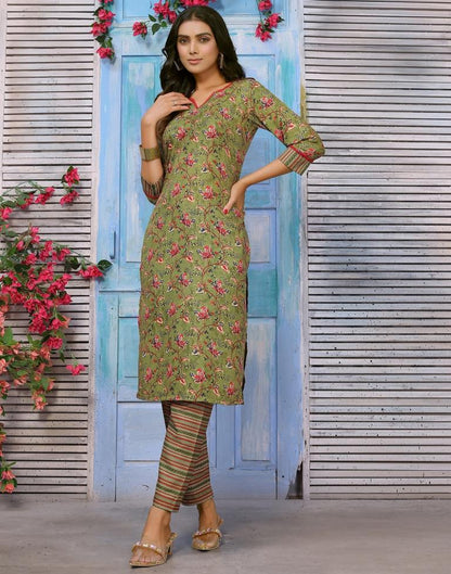 Mehndi Green Printed Kurta With Pant