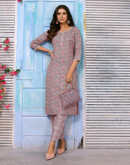 Dusty Pink Printed Cotton Straight kurta Kurta With Pant