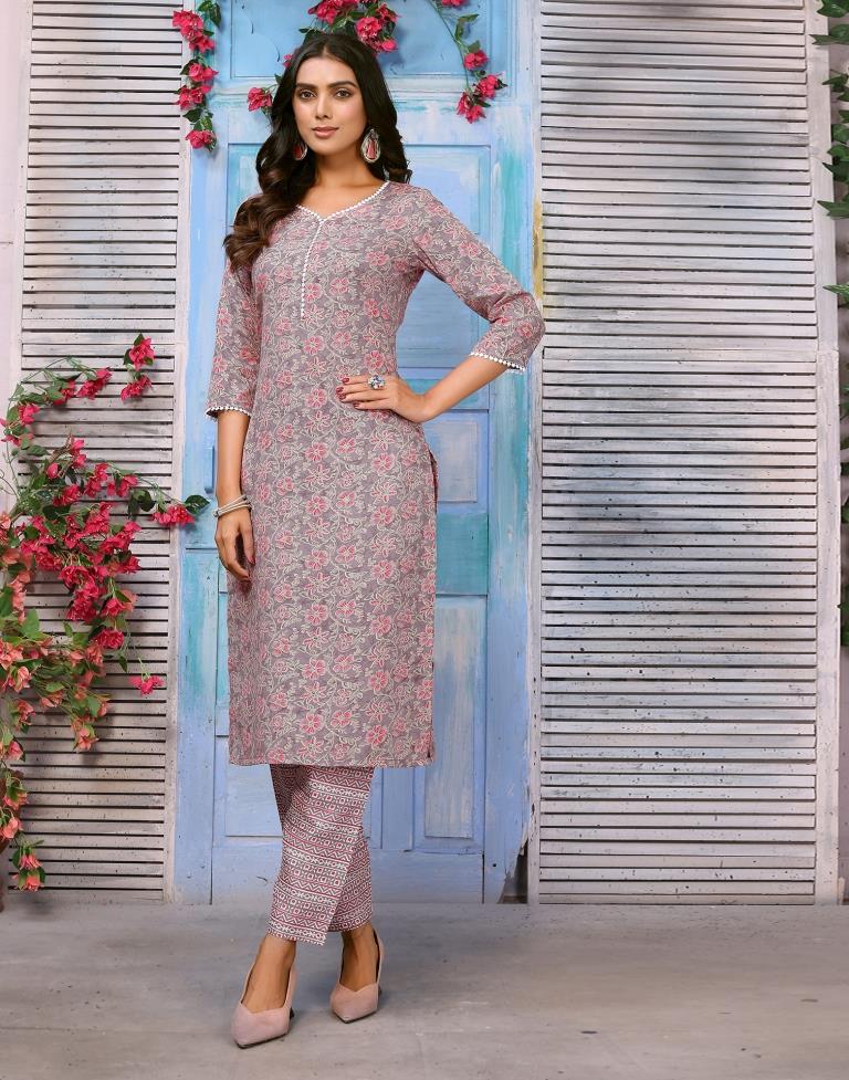 Dusty Pink Printed Cotton Straight kurta Kurta With Pant