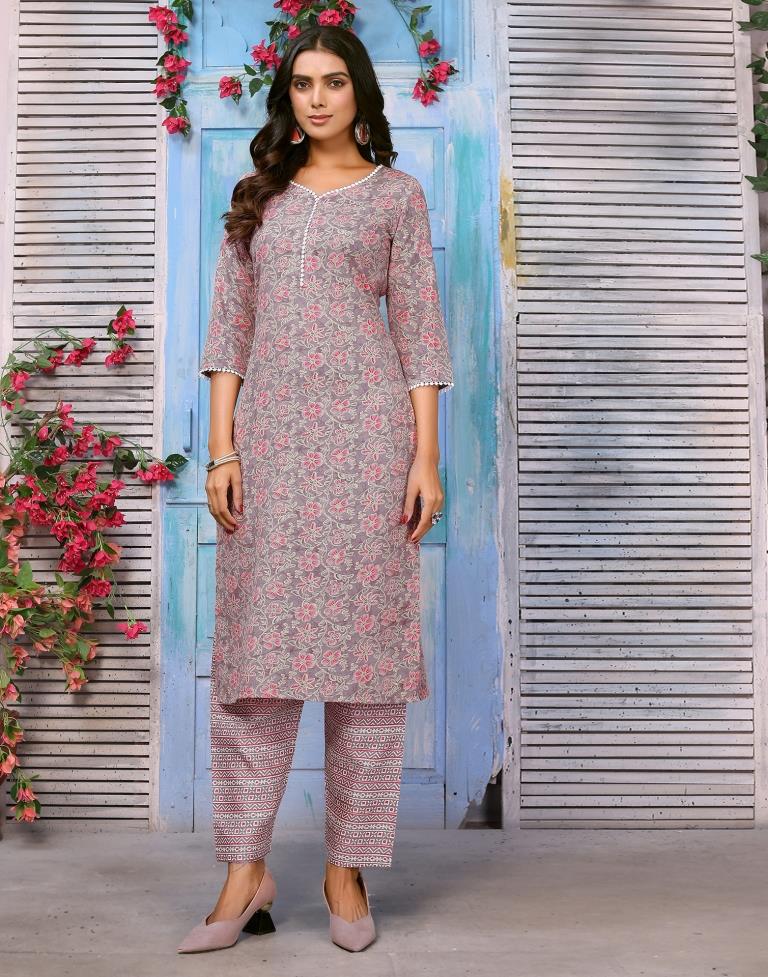 Dusty Pink Printed Cotton Straight kurta Kurta With Pant