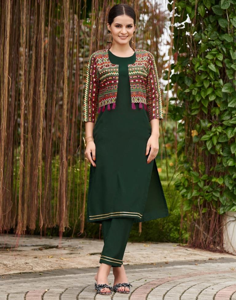 Dark Green Plain Cotton Straight Kurta Set