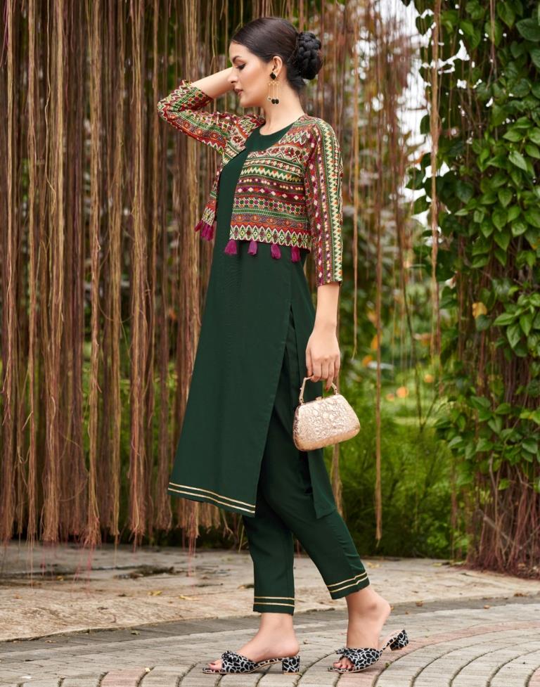 Dark Green Plain Cotton Straight Kurta Set