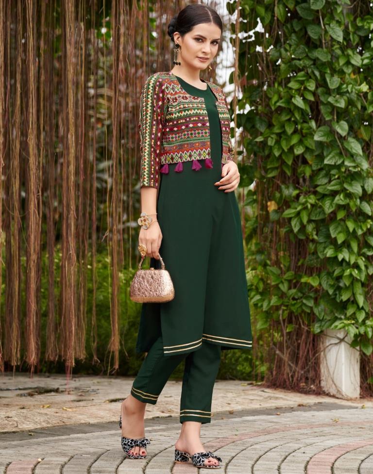 Dark Green Plain Cotton Straight Kurta Set