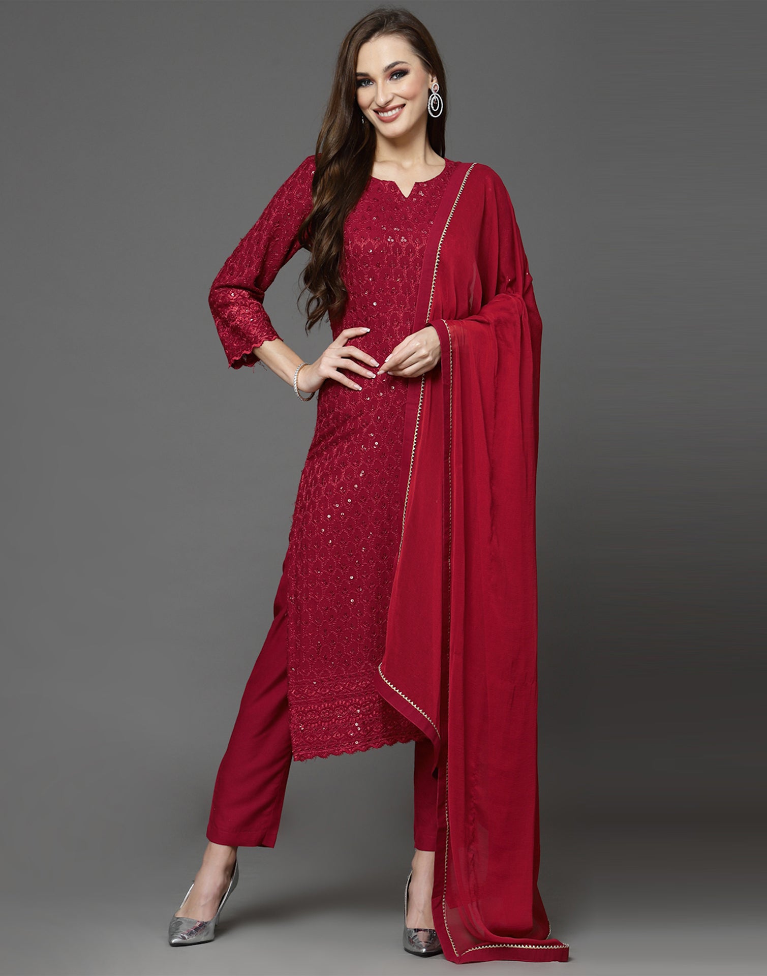 Maroon Sequence Kurti with Pant And Dupatta | Leemboodi