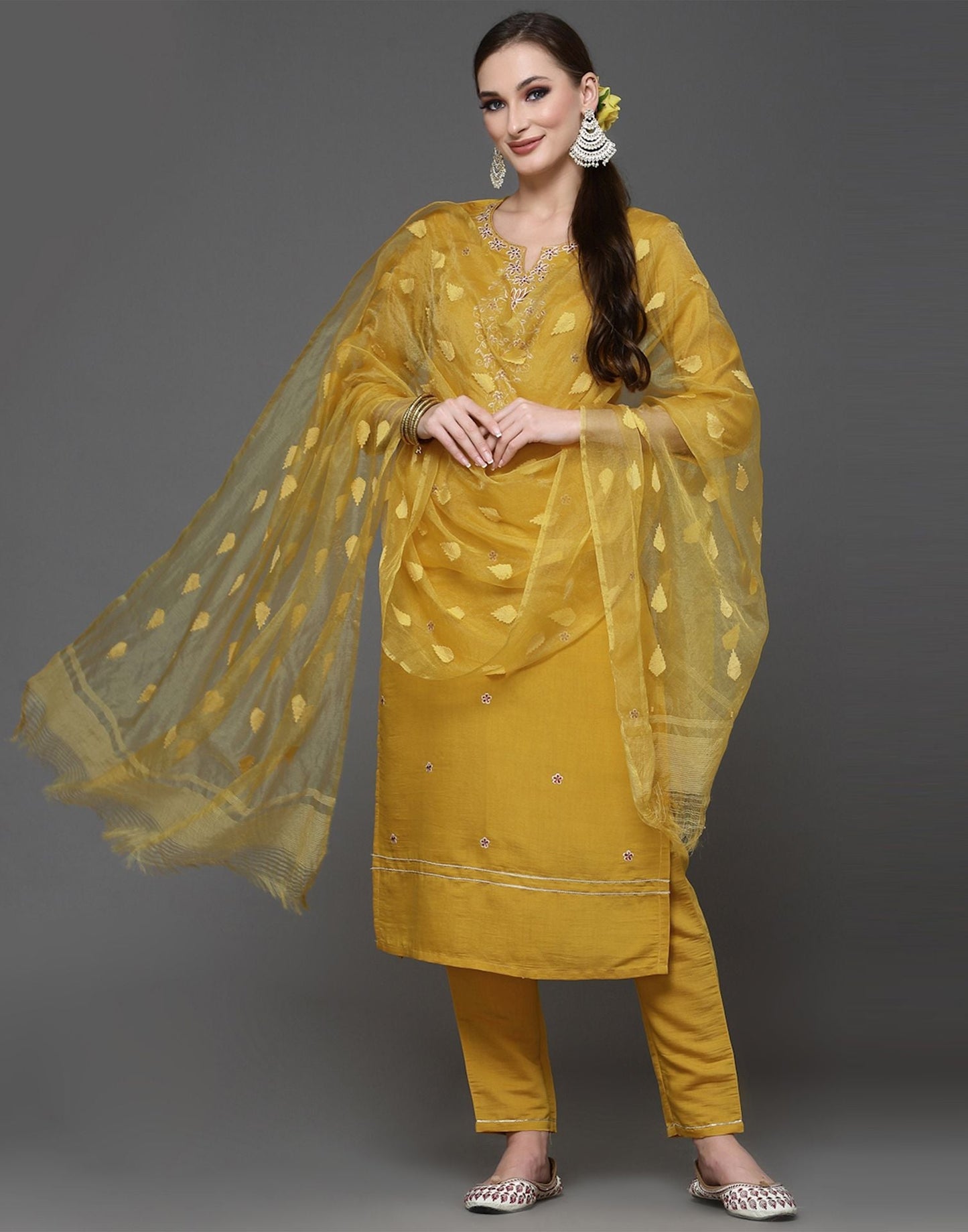 Dark Gold Kurti With Pant And Dupatta | Leemboodi