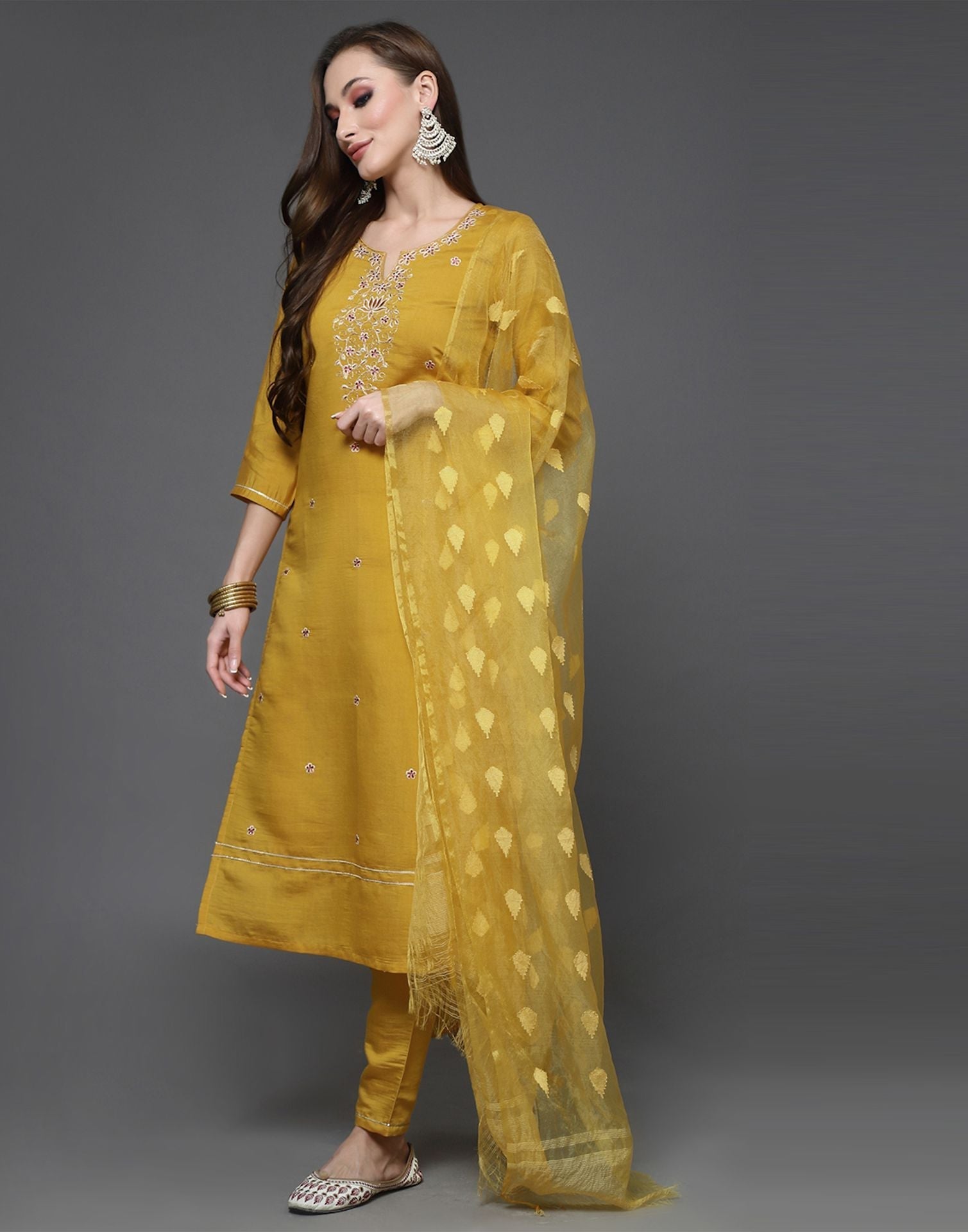 Dark Gold Kurti With Pant And Dupatta | Leemboodi