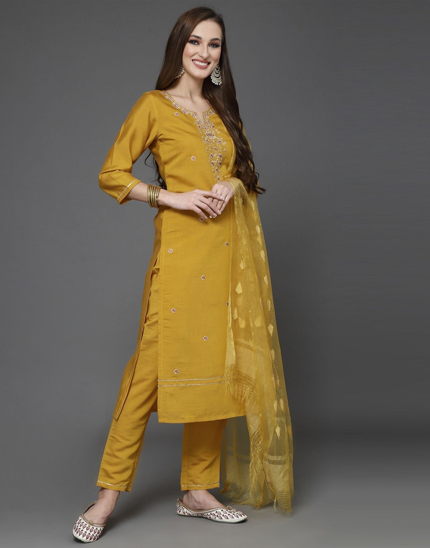 Dark Gold Kurti With Pant And Dupatta | Leemboodi