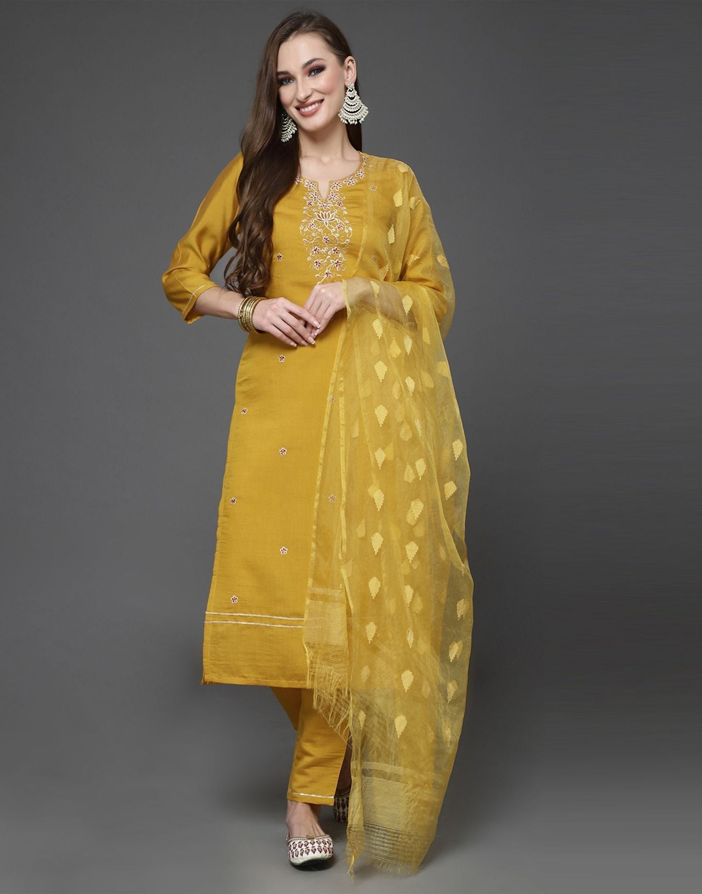 Dark Gold Kurti With Pant And Dupatta | Leemboodi