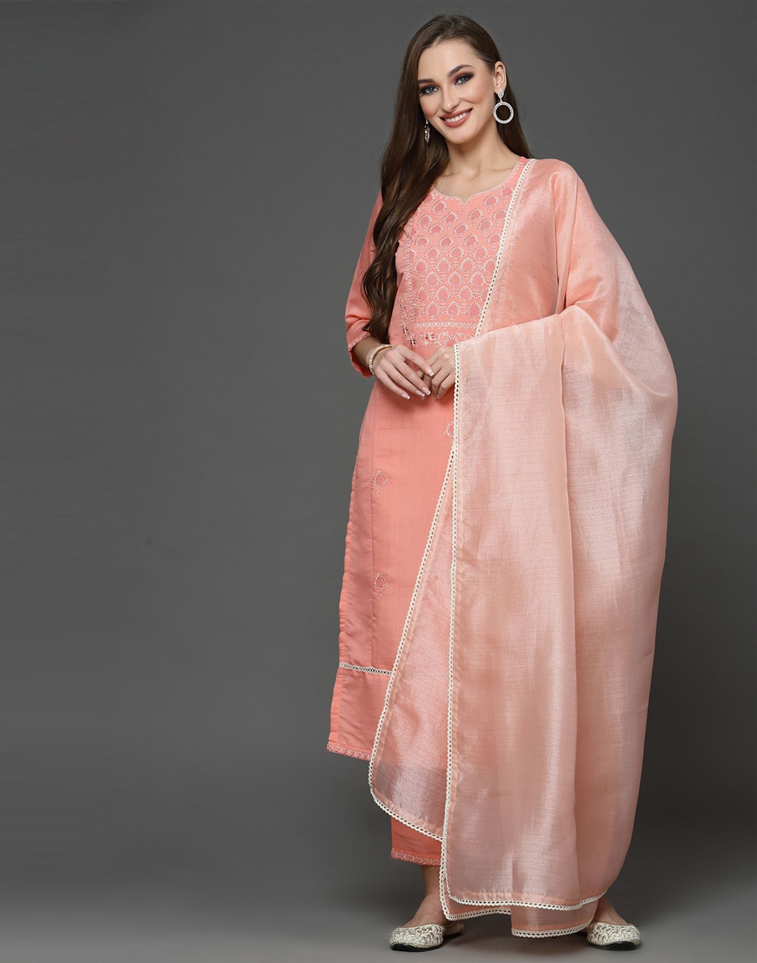 Peach Silk Kurti With Pant And Dupatta | Leemboodi