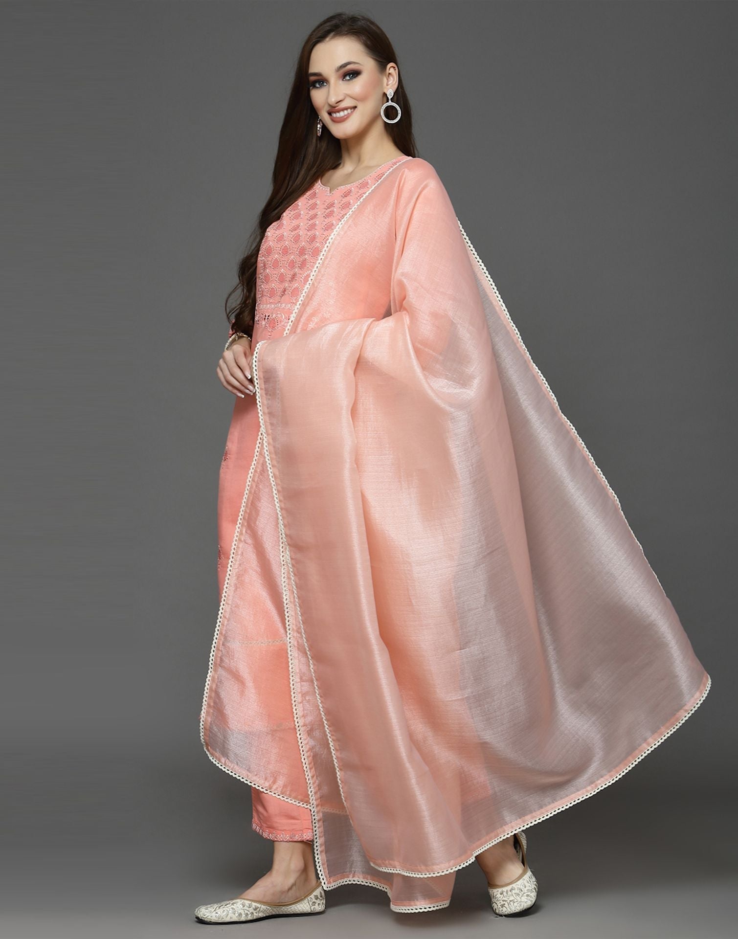 Peach Silk Kurti With Pant And Dupatta | Leemboodi