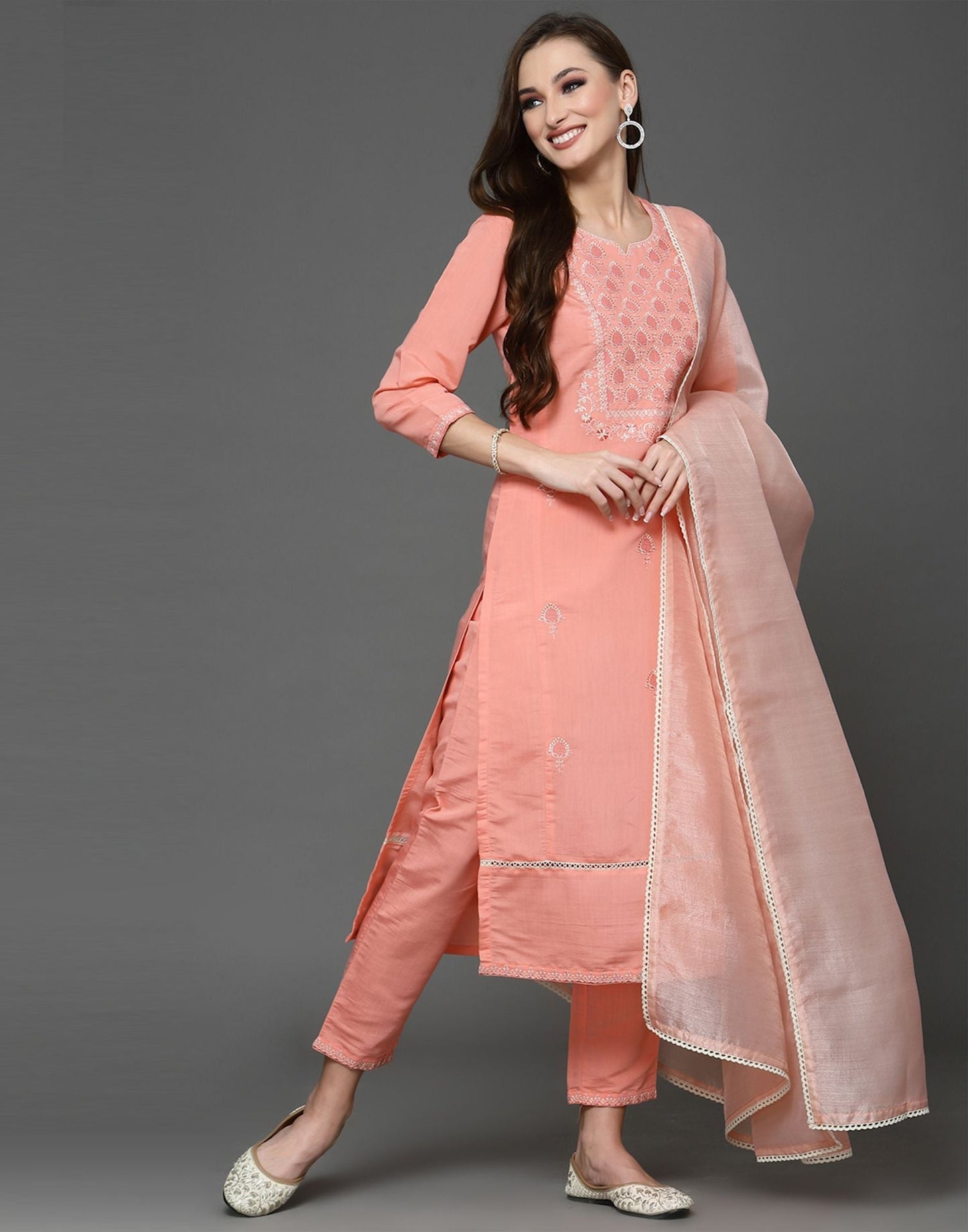 Peach Silk Kurti With Pant And Dupatta | Leemboodi
