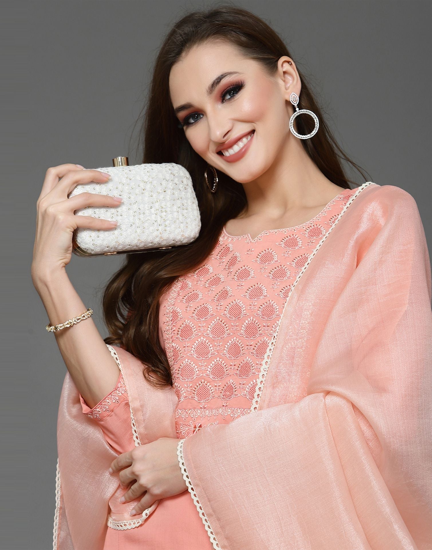 Peach Silk Kurti With Pant And Dupatta | Leemboodi