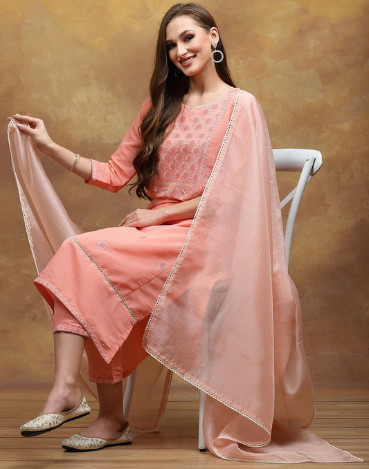 Peach Silk Kurti With Pant And Dupatta | Leemboodi