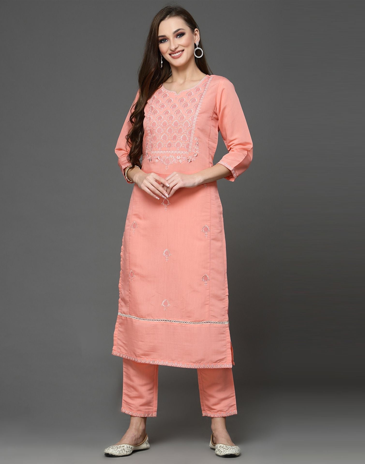 Peach Silk Kurti With Pant And Dupatta | Leemboodi