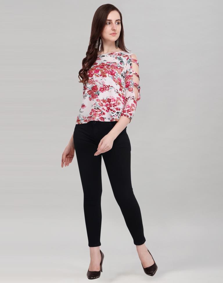 White Coloured Printed Crepe Top | Sudathi