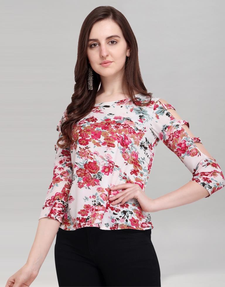 White Coloured Printed Crepe Top | Sudathi