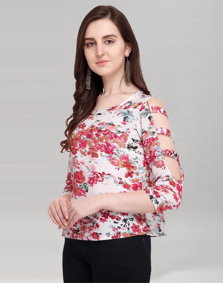 White Coloured Printed Crepe Top | Sudathi