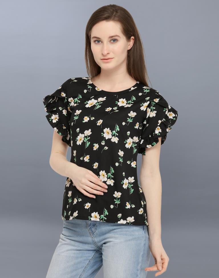 Glistening  Black Coloured Printed Crepe Tops | Sudathi