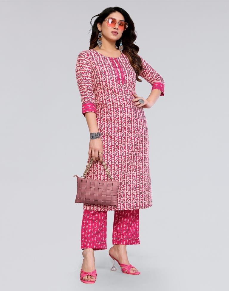 Pink Printed Cotton Straight Kurta With Pant