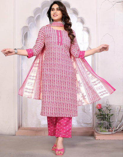 Pink Printed Cotton Straight Kurta With Pant And Dupatta