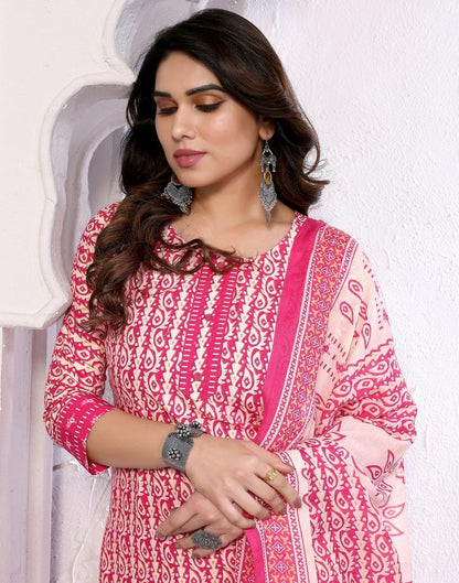 Pink Printed Cotton Straight Kurta With Pant And Dupatta