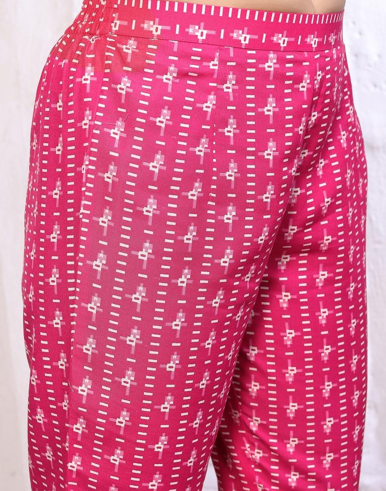 Pink Printed Cotton Straight Kurta With Pant And Dupatta