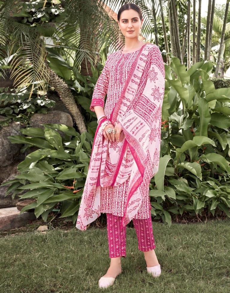 Pink Printed Cotton Straight Kurta With Pant And Dupatta