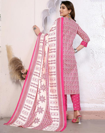 Pink Printed Cotton Straight Kurta With Pant And Dupatta