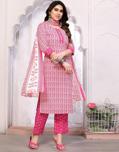 Pink Printed Cotton Straight Kurta With Pant And Dupatta