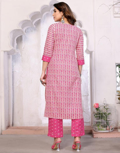 Pink Printed Cotton Straight Kurta With Pant And Dupatta