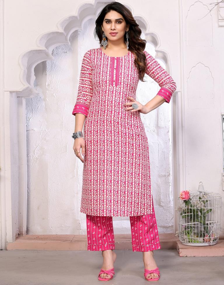 Pink Printed Cotton Straight Kurta With Pant And Dupatta