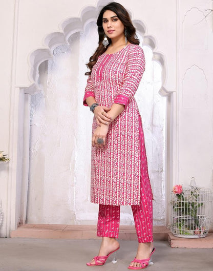 Pink Printed Cotton Straight Kurta With Pant And Dupatta