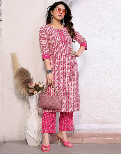 Pink Printed Cotton Straight Kurta With Pant And Dupatta