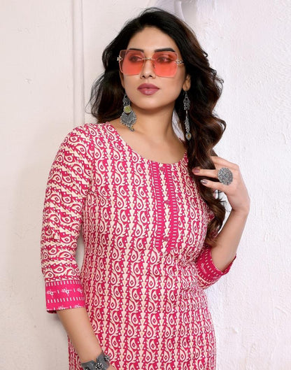 Pink Printed Cotton Straight Kurta With Pant And Dupatta