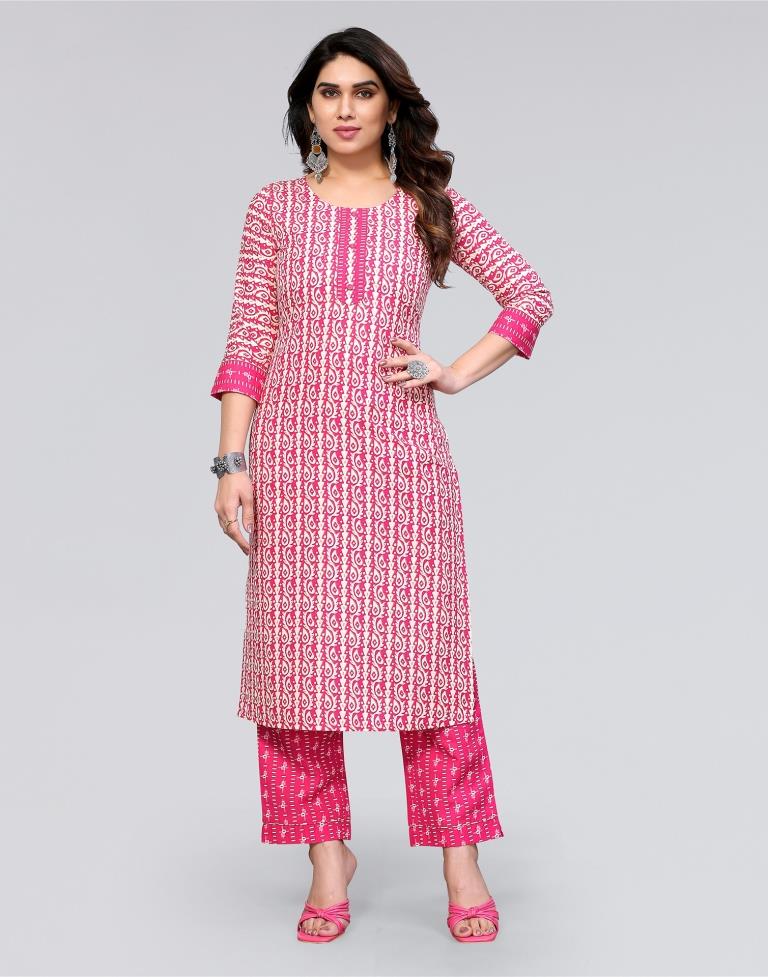 Pink Printed Cotton Straight Kurta With Pant