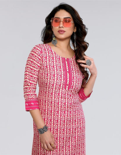 Pink Printed Cotton Straight Kurta With Pant