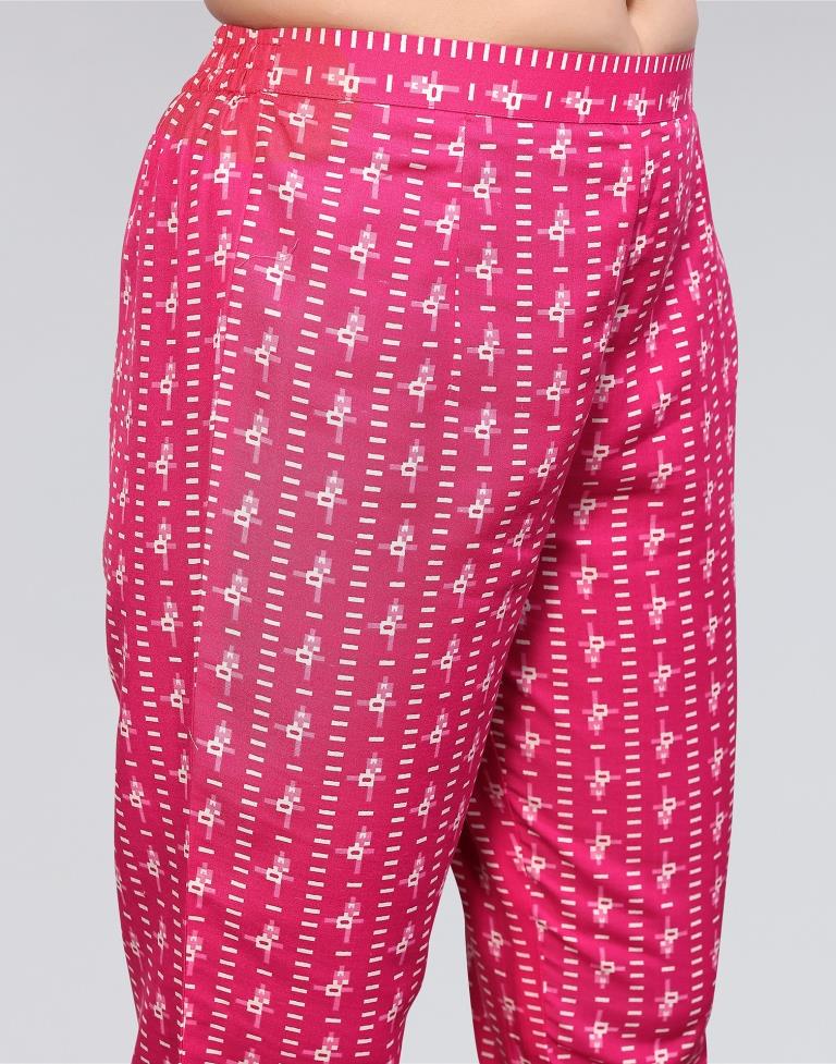 Pink Printed Cotton Straight Kurta With Pant