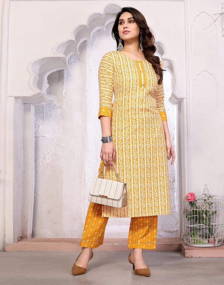 Mustard Printed Cotton Straight kurta With Pant