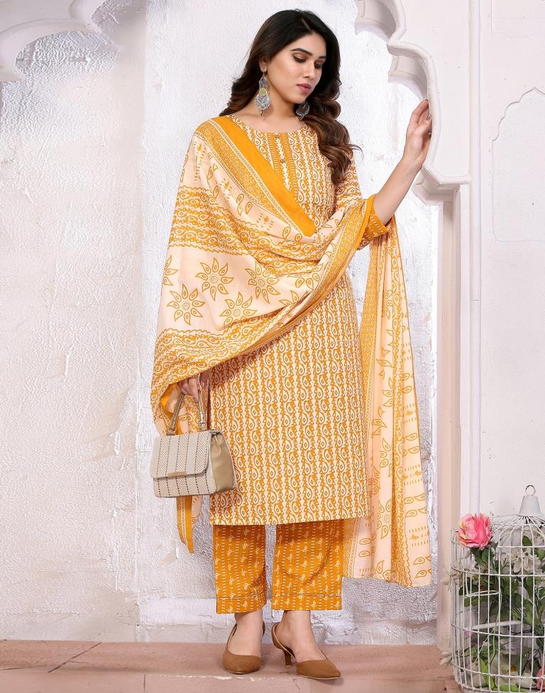 Mustard Printed Kurta With Pant And Dupatta