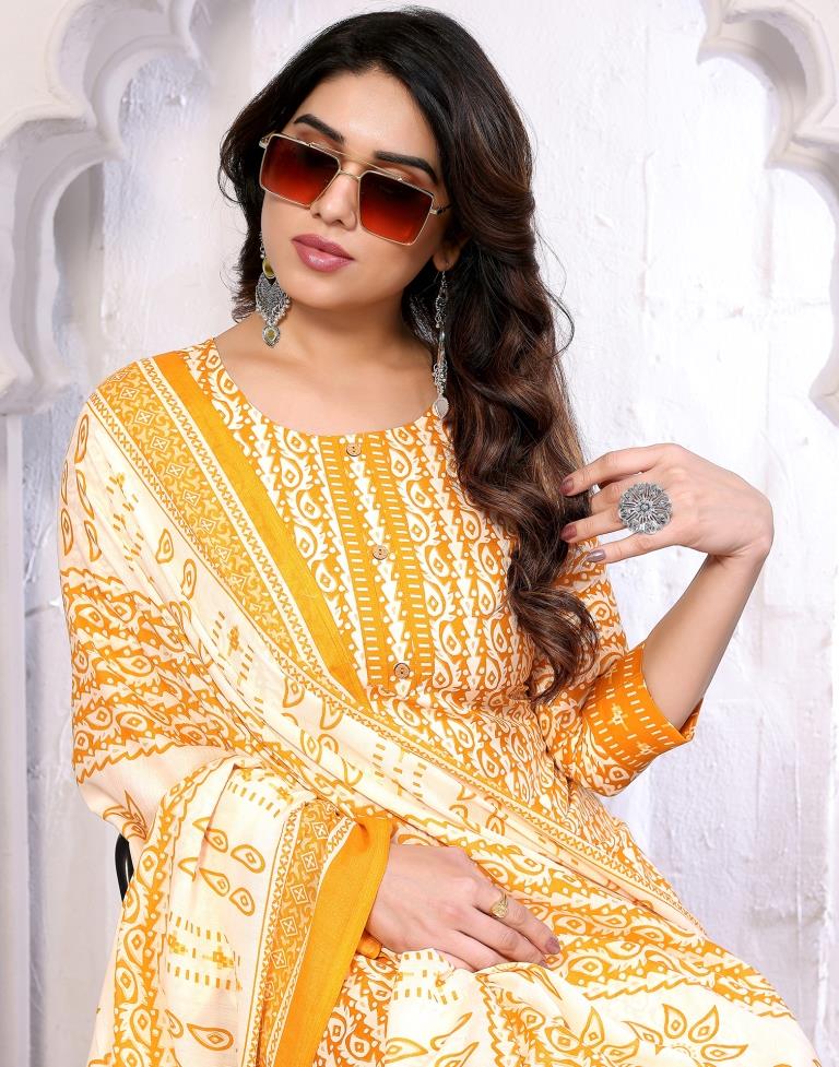 Mustard Printed Kurta With Pant And Dupatta