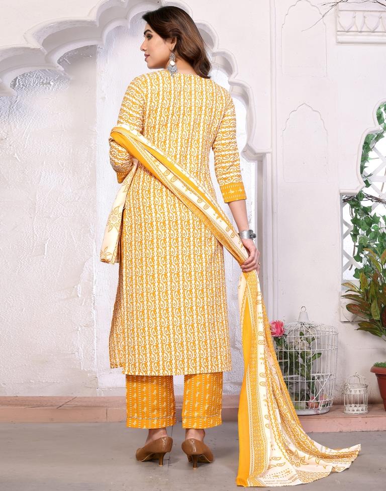 Mustard Printed Kurta With Pant And Dupatta