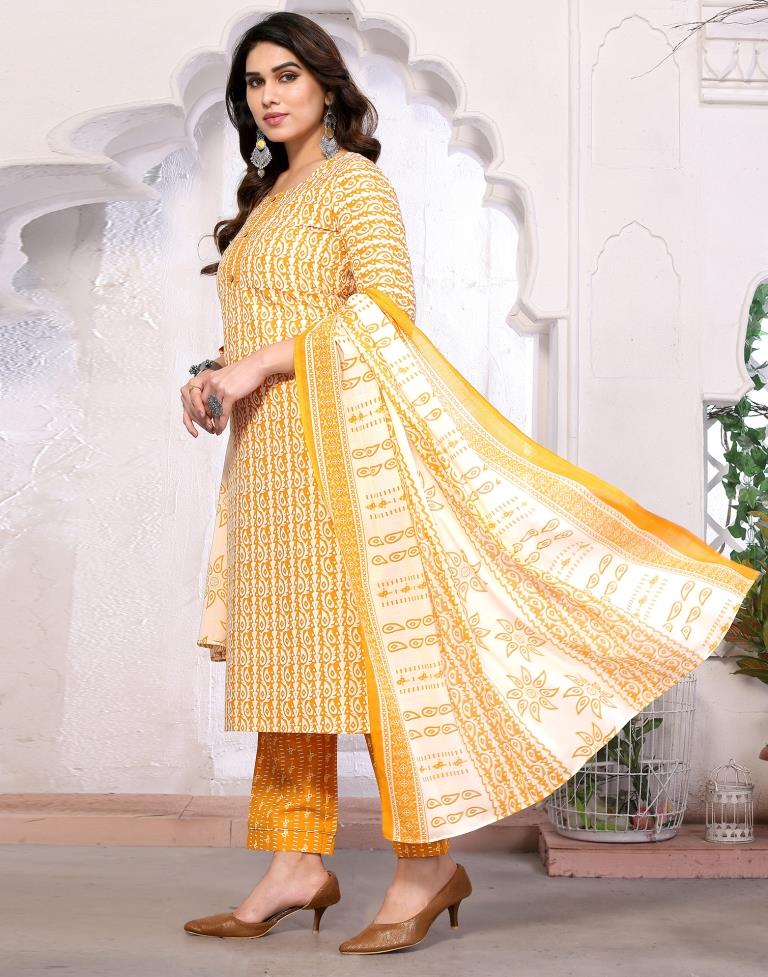 Mustard Printed Kurta With Pant And Dupatta