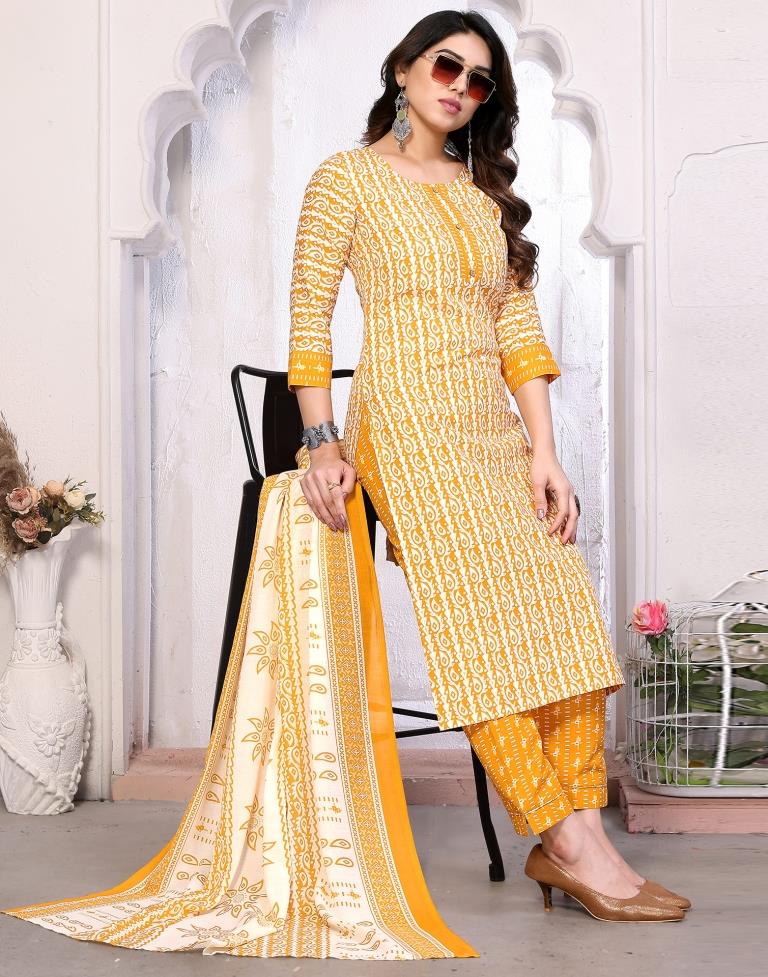 Mustard Printed Kurta With Pant And Dupatta