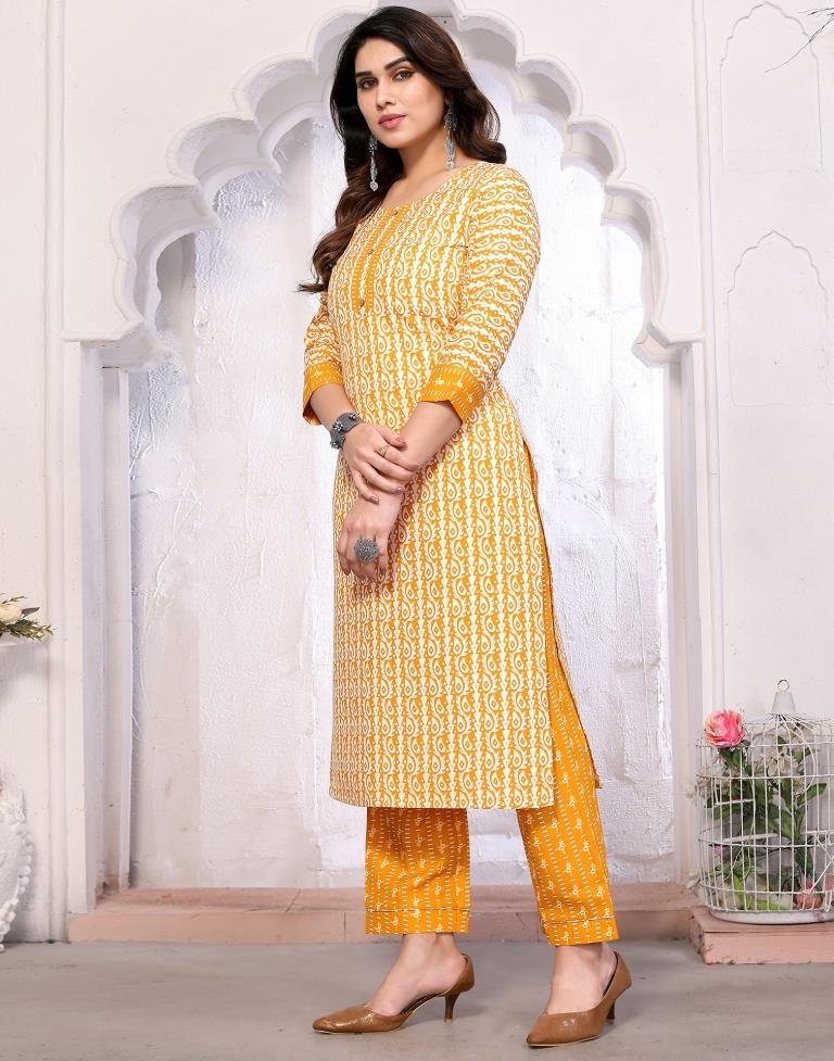 Mustard Printed Kurta With Pant And Dupatta