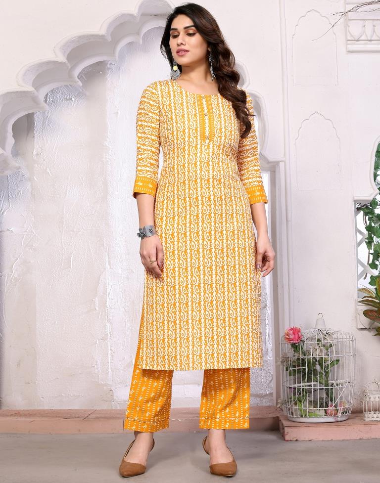 Mustard Printed Kurta With Pant And Dupatta