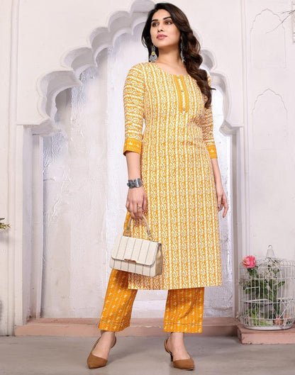 Mustard Printed Kurta With Pant And Dupatta