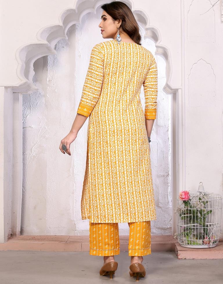 Mustard Printed Kurta With Pant And Dupatta